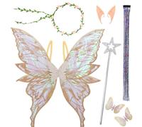 Costume con ali di fata, ali di farfalla, ali di principessa, per bambini, donne con tube d'elfo, ghirlanda di fiori, ali di fata, per compleanno, Natale, carnevale, cosplay, feste (oro)
