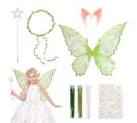 Costume con ali di fata, ali di farfalla con stelle fate, orecchie da elfo, fascia per il viso e 3 colori glitterati, per Carnevale, compleanno, Halloween, Natale (verde)