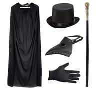 Costume con maschera da medico della peste in pelle in stile rétro, con cappello nero, bastone da re, mantello nero con cappuccio, guanti neri, costume per Halloween