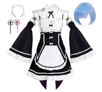 Costume Cosplay Anime Da Donna Per Rem Ram Re Zero Abito Cameriera Uniforme Set Completo Con Parrucca Copricapo Festa Di Halloween (Blu,S)