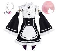 Costume Cosplay Anime Da Donna Per Rem Ram Re Zero Abito Cameriera Uniforme Set Completo Con Parrucca Copricapo Festa Di Halloween (Rosa,L)