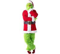 Costume Cosplay Grinch di Natale for Uomini Adulti, 7 Pezzi Abito Natalizio Costume da Babbo Natale Verde Deluxe Vestito Operato da Cosplay (Color : A, Size : 3XL)