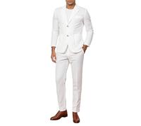 Costume da 2 pezzi da uomo Blazer Giacca e pantaloni dal taglio classico Smoking Semplice Petto Elegante in Cotone Lino Leggero Sportivo Tinta unita per Matrimonio Formale Business Party, bianco, L