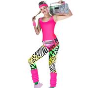 Costume da allenamento da donna anni '80, set di leggings e top da allenamento anni '80, costumi da festa con fascia, , braccialetto, orecchini per abbigliamento quotidiano