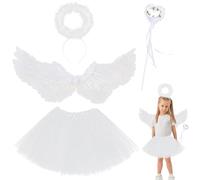 Costume da Angelo Bambini, 4PCS Halloween Costumi Cosplay Set con Gonna Tulle Bacchetta Magica Aureolas Ali d'angelo di Piuma Ali di Angelo Costumi Accessori per Halloween Carnevale Cosplay Festa