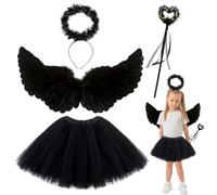 Costume da Angelo Bambini, 4PCS Halloween Costumi Cosplay Set con Gonna Tulle Bacchetta Magica Aureolas Ali d'angelo di Piuma Ali di Angelo Costumi Accessori per Halloween Carnevale Cosplay Festa