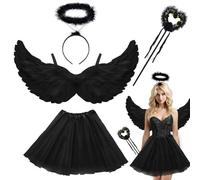 Costume da angelo da donna nero, gonna TUTUTUTU, angelo volo, alone e bacchetta magica, ali d'angelo decorative, ali nere e gonna TUTUTUTU, costumi di Halloween, carnevale, feste, cosplay, bambini