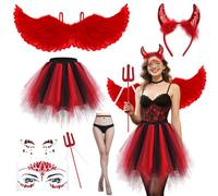 Costume da angelo diavolo, da donna, rosso, 80 cm, con ali d'angelo, rosso, per adulti, 7 pezzi, costume da diavolo, ali rosse, costume da donna con gonna in tulle, corna del diavolo, per carnevale