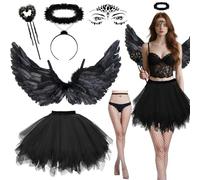 Costume da angelo nero, da donna, 6 pezzi, costume da angelo con ali di angelo nero, 80C, alone in tulle, calza magica, angelo e diavolo, costume per carnevale e Halloween