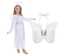 Costume da angelo per bambini, taglia XL, vestito da angelo bianco con dettagli argentati + fascia per capelli argentata - costume per bambine per presepe natalizio