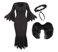 Costume da angelo scuro da donna, taglia S, con vestito nero, fascia nera con aureola e ali di piume, perfetto per Halloween e altri travestimenti