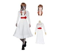 Costume da Anna spaventosa per adulti, bambola horror da donna, abito bianco con cintura e parrucca, spaventoso costume da film raccapricciante per Halloween