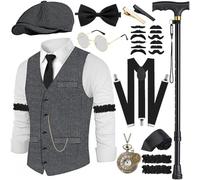 Costume da anni 20 per uomo, con giacca, accessori inclusi: bretelle, bastone, orologio da tasca, barba, berretto, occhiali, spilla per cravatta, per costume da mafia 1920S, gangster, Peaky Blinders