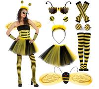 Costume da ape da donna, 7 pezzi, con ali di api, gonna, cerchietto, calze sopra il ginocchio, guanti, occhiali, orecchini, costume da ape da donna, accessori per carnevale