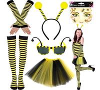 Costume da Ape Donna,Ape Costume Accessori con Gonna in Tulle,Fascia per Capelli da Ape,Costume da Ape Guanti a Righe Calzini,Occhiali da Sole,Viso Tatuato Ape,per Cosplay Festa di Carnevale