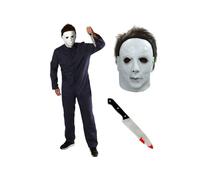 Costume da assassino per Halloween, da adulto, taglia XL, con tuta blu, maschera in lattice con capelli, coltello finto, costume da uomo per Halloween TV film horror