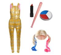 Costume da assistente da clown da donna, taglia S, con top rosa, salopette gialle, parrucca bionda, vernice per il viso rossa, bianca e blu, rossetto rosso e mazza da baseball gonfiabile, perfetto per