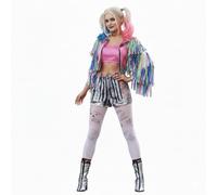 Costume da assistente da clown da donna, top rosa, pantaloncini a righe, giacca con nappe trasparenti, collant a rete bianchi, parrucca a treccia, pittura facciale, costume per Halloween da donna per