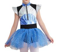 Costume da astronauta per bambine, vestito da balletto metallizzato, abito da ballo con colletto alto e gonna, fascia aliena, vestito da ragazza spaziale per Halloween e (Blue, 9-10 Anni)