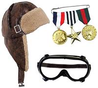 Costume da aviatore anni '40 con medaglie di guerra e occhiali da pilota