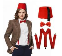 Costume da avventuriera da viaggiatore del tempo e dello spazio, giacca classica in tweed, papillon rosso, bretelle e feltro, per spettacolo di fantascienza televisiva e cinematografica, costume da