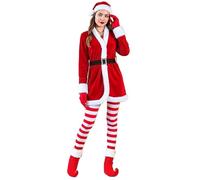 Costume da Babbo Natale, con cintura, cappello e guanti, vestito da Babbo Natale con campana, collana, calze, stivali, per donne, cosplay, vacanze, eventi, parata