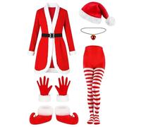 Costume da Babbo Natale da donna, vestito da cintura, cappello e guanti, vestito di Natale, composto da collana a campanello, calze e stivali, per feste, cosplay e spettacoli scenici