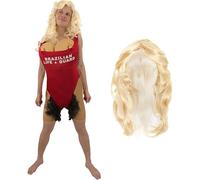 Costume da bagnino da uomo, costume da bagnino da spiaggia, costume da bagno rosso, parrucca bionda - Novità costume per addio al celibato anni '80 retrò divertente (parrucca inclusa)
