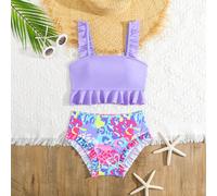 Costume da bagno a due pezzi con spalline sottili e fantasia tinta unita e stampa leopardo per ragazze adolescenti, ideale per vacanze e spiaggia 8Y,9Y,10Y,11-12YFloreale,Geometrico,PianteTessuto