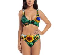 Costume da bagno a due pezzi da donna con stampa di api e girasole, costume da bagno a due pezzi