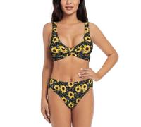 Costume da bagno a due pezzi da donna con stampa di api e girasole, costume da bagno a due pezzi