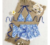 Costume da bagno a due pezzi da donna per l'estate, con stampa di stelle marine e conchiglie, con top a fascia e laccetti, e pantaloncini, adatto per le vacanze L,M,S,XSPiantePoliestere
