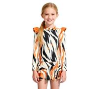 Costume da bagno a due pezzi per bambina a maniche lunghe con volant sulle spalle - Protezione solare e gonna costume da bagno 156, marrone, 6 anni