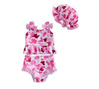 Costume da bagno a due pezzi per bambine piccole con volant e fiocco e cappello da sole abbinato, 3-24 mesi 2t 3t, Rosso, 3-4 Anni