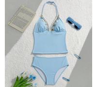 Costume da bagno a due pezzi per ragazze pre-adolescenti, con top a canotta in tessuto costine blu e decorazione a stelle marine, con spalline a spaghetti e regolabili 8Y,9Y,10Y,11Y,12YColore unicoTes