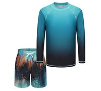 Costume da bagno a due pezzi per ragazzi con costume da bagno a maniche lunghe per bambini, Ombra blu., 13-14 Anni