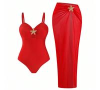 Costume da bagno a due pezzi premium da donna taglia grande, con scollo a V rosso arricciato e aderente, abbinato a una gonna lunga rossa con spacco alto, adatto per l'estate e le vacanze al mare 0XL,