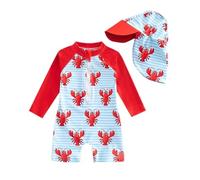 Costume da bagno a maniche lunghe con simpatica stampa dei cartoni animati, costume intero con cappuccio, comodo costume da bagno per spiaggia e piscina, adatto per bambini piccoli, A1-rosso, 2-3 Anni