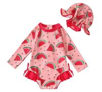 Costume da bagno a maniche lunghe per bambina, con stampa dei cartoni animati, set da due pezzi con cuffia, comodo costume da bagno per la stagione calda, per neonati da 1 a 24 mesi, modello 2026, A1