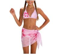 Costume da Bagno Adolescente Ragazza 3 Pezzi Top Bikini Triangolo Floreale Slip e Gonna da Nuoto Stampa Floreale Set Elegante Pratico per Spiaggia Piscina Uscite Acquatiche, Rosa #2, 15-16 Anni