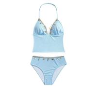 Costume da bagno bianco a due pezzi da ragazza con top Halter e slip bikini | Un costume da bagno abbinato con una parte superiore con scollo all'americana, finiture decorative e slip bikini a vita alta