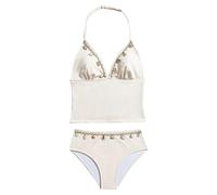 Costume da bagno bianco a due pezzi da ragazza con top Halter e slip bikini | Un costume da bagno abbinato con una parte superiore con scollo all'americana, finiture decorative e slip bikini a vita alta