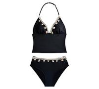 Costume da bagno bianco a due pezzi da ragazza con top Halter e slip bikini | Un costume da bagno abbinato con una parte superiore con scollo all'americana, finiture decorative e slip bikini a vita alta
