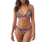 Costume da bagno bikini da donna a due pezzi con stampa varie bandiere, morbido e liscio, ideale per spiaggia, piscina e surf, Nero , M
