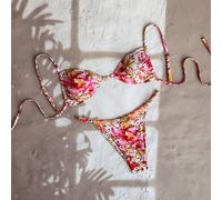Costume da bagno bikini da donna in stile vacanziero, sexy, con stampa floreale rosa e leopardata, coppa triangolare, fibbia con perle e laccio regolabile, adatto per fotografia in spiaggia, primavera