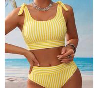 Costume da bagno bikini da donna, set bikini a vita alta con righe blu navy per vacanze boho, outfit da spiaggia alla moda per uscire, outfit per il 4 luglio, outfit per il ritorno a scuola, abbigliam