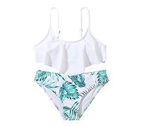 Costume da Bagno Bikini Diviso in Due Pezzi da Ragazza con Stampa di Foglie con Volant Bambina Bikin I Brassière Tropical Shade Regolabile Volant Stampa Estivo Bikini (White, 12 Years)