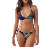Costume da bagno bikini leggero con stampa di pavone viola Costume da bagno a due pezzi abbigliamento da spiaggia abbigliamento da piscina attività estiva, Nero , S