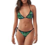 Costume da bagno blu e verde scozzese con stampa scozzese da donna, costume da bagno a due pezzi per vacanze estive attività in piscina, Nero , L