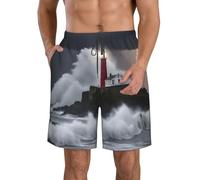 Costume da bagno classico da uomo con faro in tempesta pantaloncini casual da uomo con tasche pantaloncini da spiaggia per uomo, Bianco, L